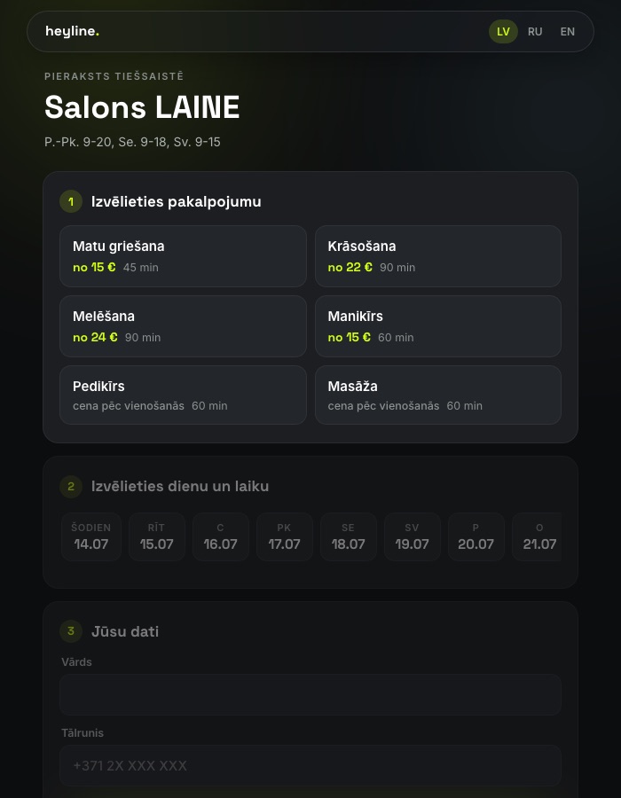 Heyline pieraksta lapa telefonā - pakalpojumi ar cenām un brīvie laiki